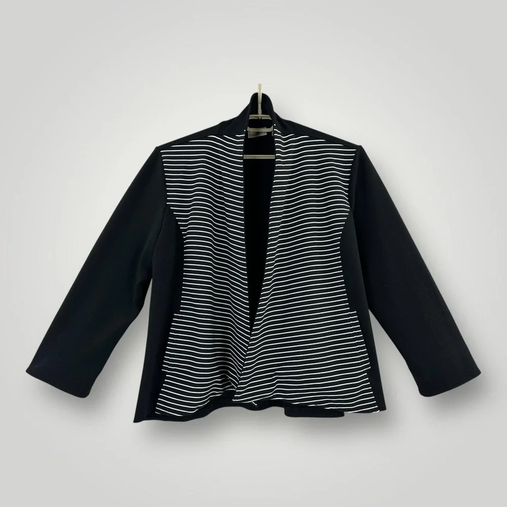 Chicos Jacket Womens‎ 3 (XL) Black White Stripe Open Front Knit Stretch Casual